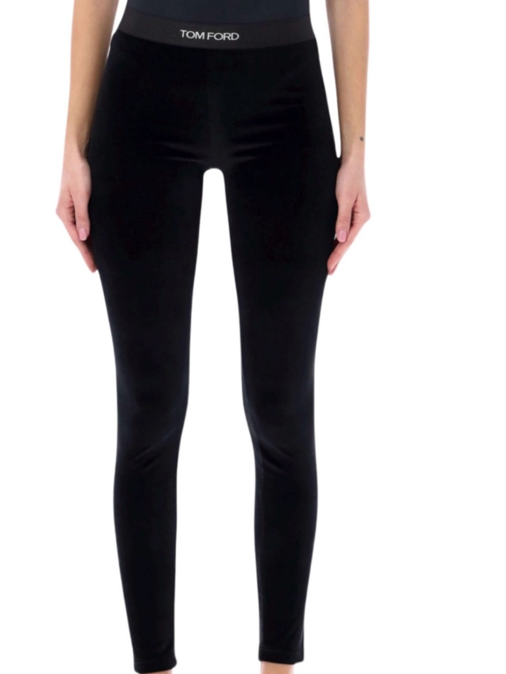 Authentic Tom Ford Black Velvet High-Waist Leggings with Branded Waistband